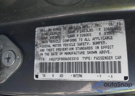 2011 Honda Accord 2.4 Ex-L from USA, damaged, VIN 1HGCP2F86BA003310